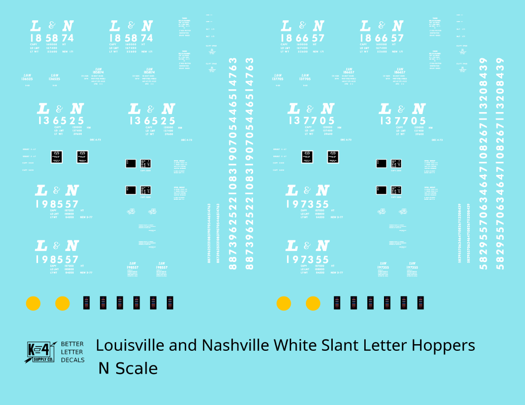 Louisville and Nashville Hopper Car White Slant Serif Letter - Decal - Choose Scale