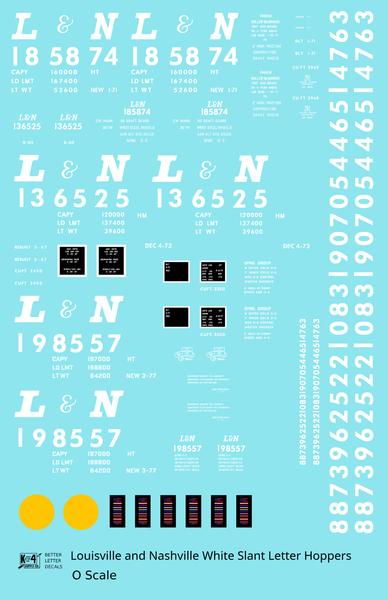 Louisville and Nashville Hopper Car White Slant Serif Letter - Decal Sheet