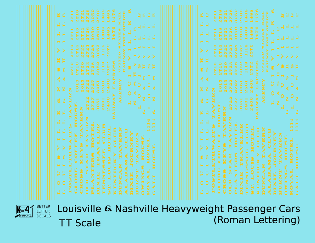 Louisville and Nashville Heavyweight Passenger Cars Dulux Gold  - Decal - Choose Scale