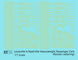 Louisville and Nashville Heavyweight Passenger Cars Dulux Gold  - Decal - Choose Scale