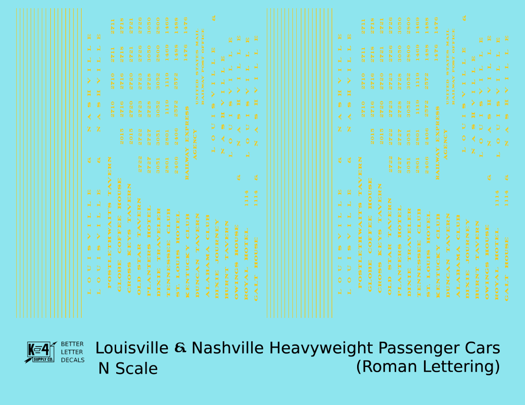 Louisville and Nashville Heavyweight Passenger Cars Dulux Gold  - Decal - Choose Scale
