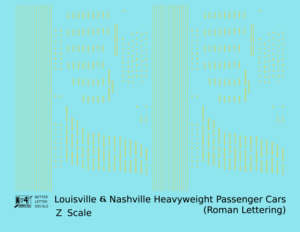 Louisville and Nashville Heavyweight Passenger Cars Dulux Gold  - Decal - Choose Scale