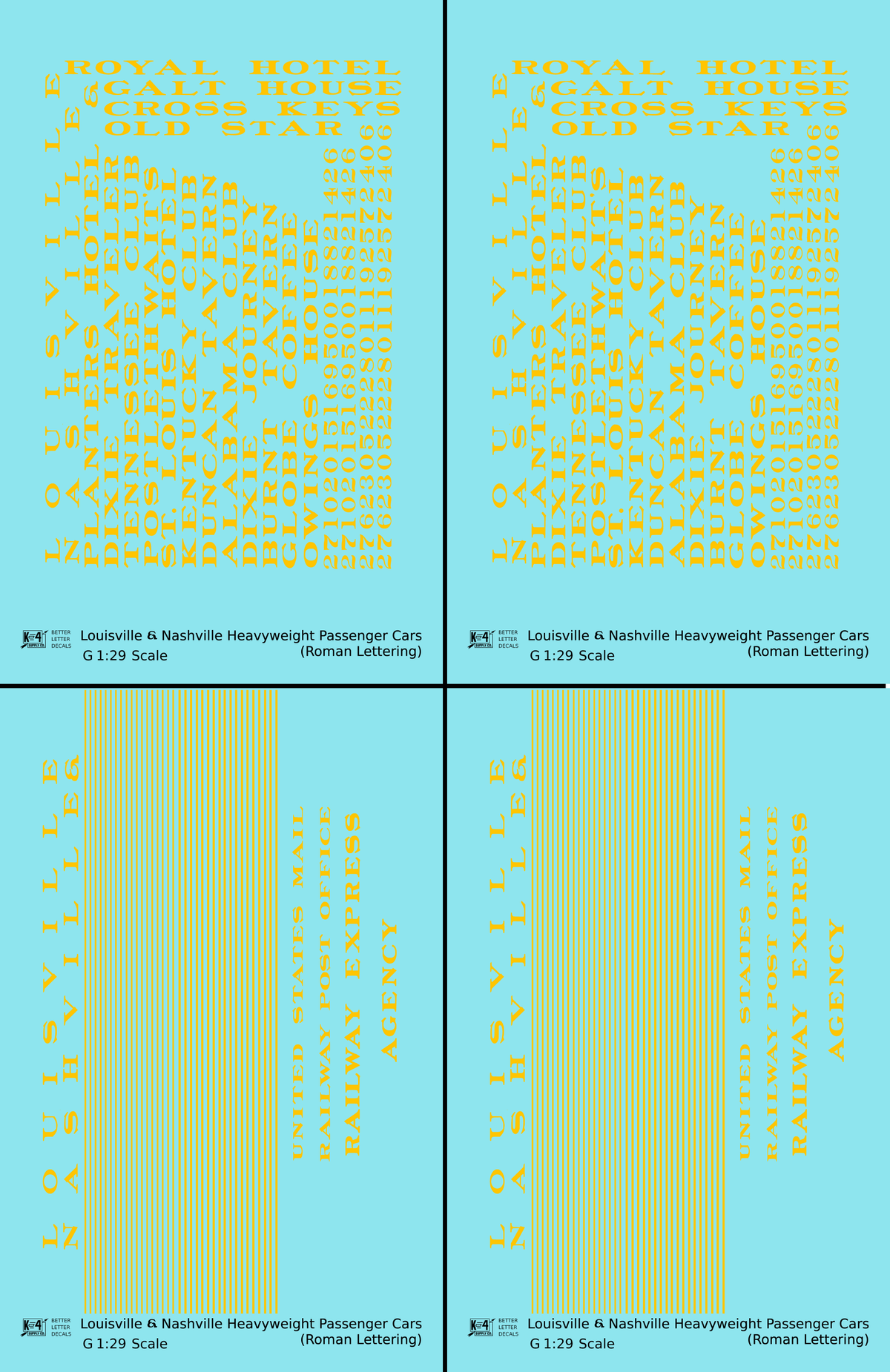 Louisville and Nashville Heavyweight Passenger Cars Dulux Gold  - Decal - Choose Scale
