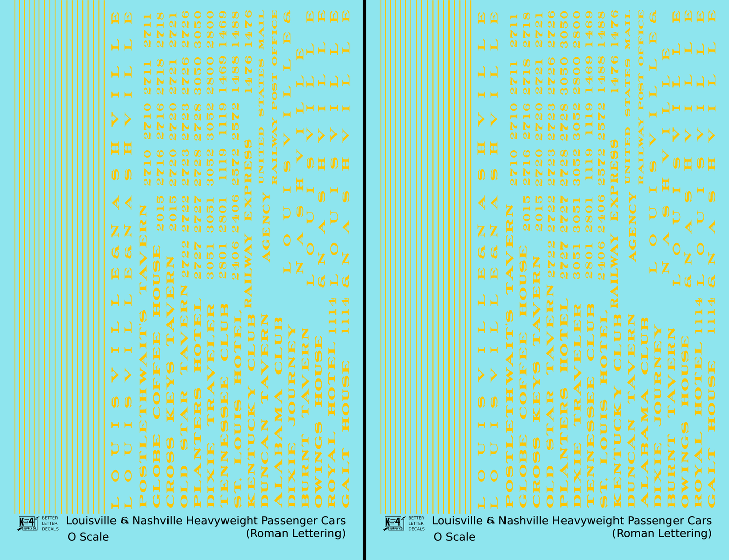 Louisville and Nashville Heavyweight Passenger Cars Dulux Gold  - Decal - Choose Scale