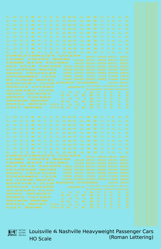 Louisville and Nashville Heavyweight Passenger Cars Dulux Gold  - Decal Sheet