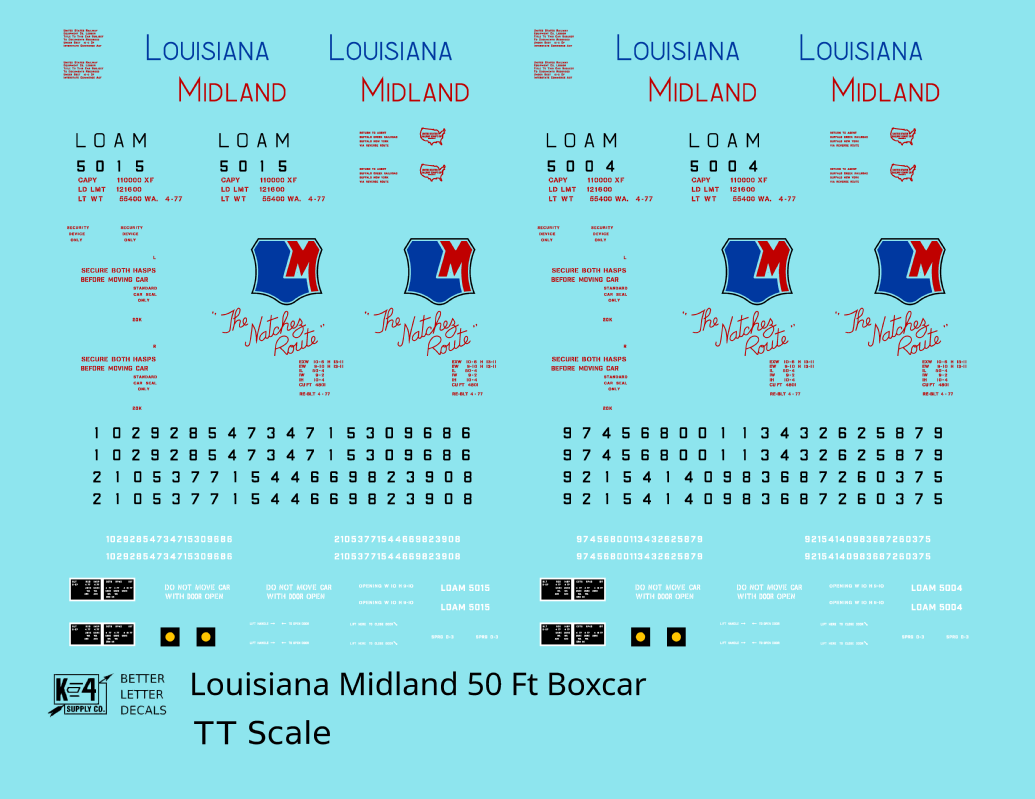 Louisiana Midland LOAM 50 Ft PS1 Boxcar Red Blue The Natchez Route - Decal - Choose Scale