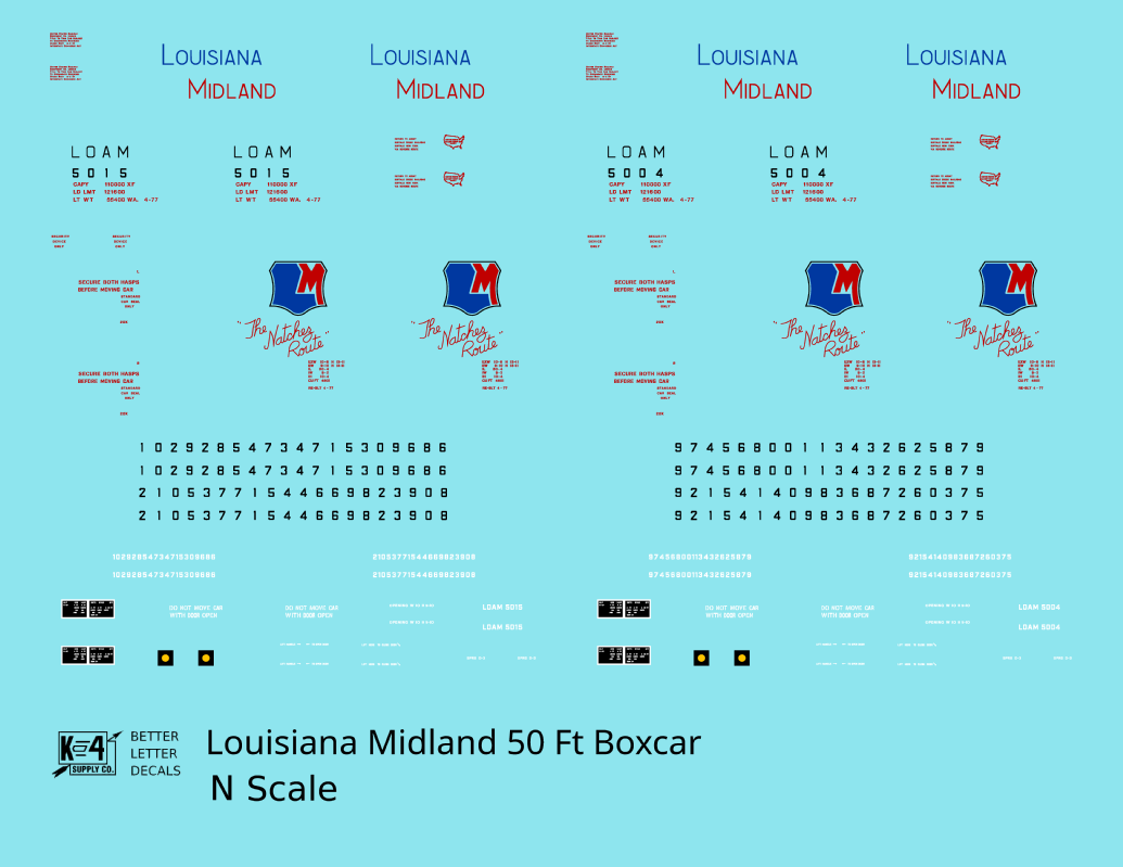Louisiana Midland LOAM 50 Ft PS1 Boxcar Red Blue The Natchez Route - Decal - Choose Scale