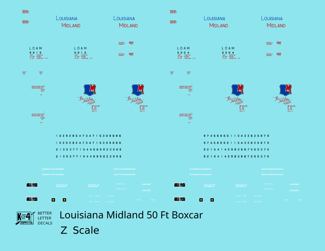 Louisiana Midland LOAM 50 Ft PS1 Boxcar Red Blue The Natchez Route - Decal - Choose Scale