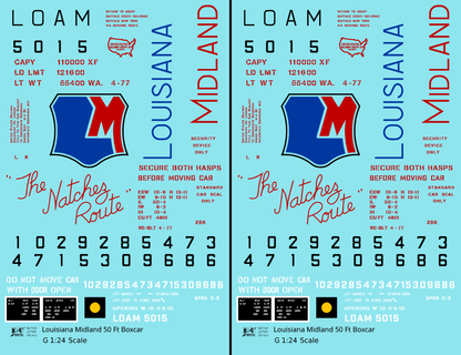 Louisiana Midland LOAM 50 Ft PS1 Boxcar Red Blue The Natchez Route - Decal - Choose Scale