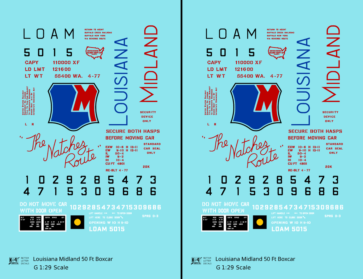 Louisiana Midland LOAM 50 Ft PS1 Boxcar Red Blue The Natchez Route - Decal - Choose Scale