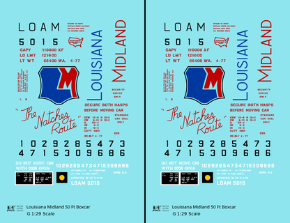 Louisiana Midland LOAM 50 Ft PS1 Boxcar Red Blue The Natchez Route - Decal - Choose Scale