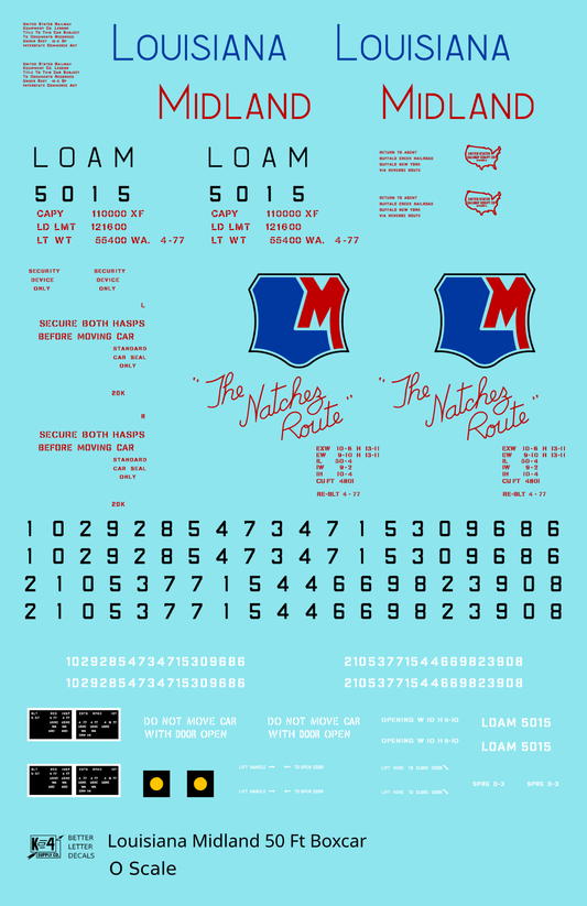 Louisiana Midland LOAM 50 Ft PS1 Boxcar Red Blue The Natchez Route - Decal Sheet