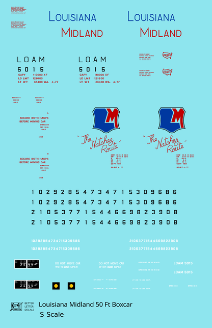 Louisiana Midland LOAM 50 Ft PS1 Boxcar Red Blue The Natchez Route - Decal - Choose Scale