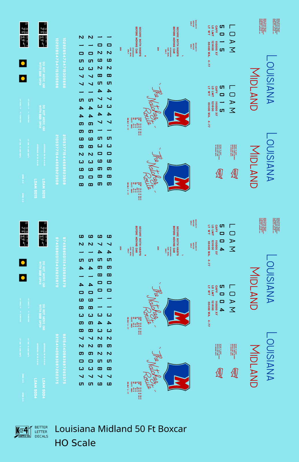 Louisiana Midland LOAM 50 Ft PS1 Boxcar Red Blue The Natchez Route - Decal - Choose Scale