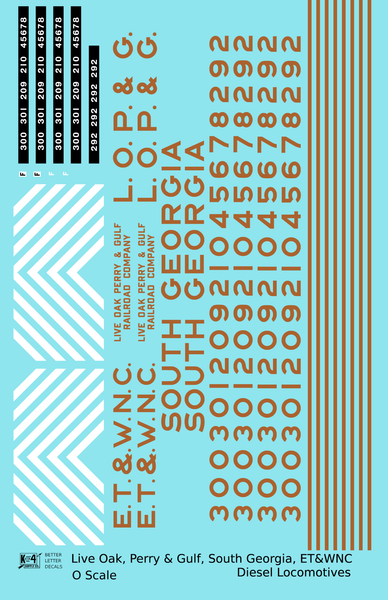 Live Oak, Perry & Gulf, South Georgia ET&WNC Diesel Locomotive Gold Southern Scheme - Decal Sheet