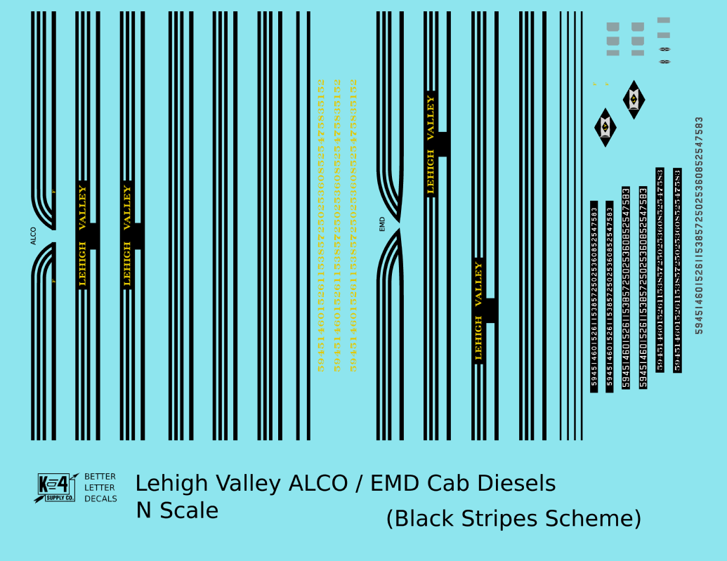 Lehigh Valley EMD ALCO Cab Diesel  Three Black Stripes - Decal - Choose Scale