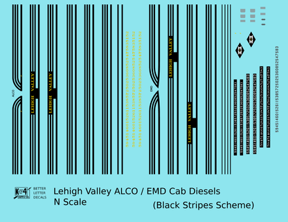 Lehigh Valley EMD ALCO Cab Diesel  Three Black Stripes - Decal - Choose Scale