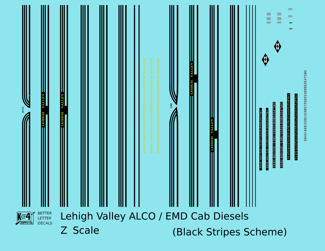 Lehigh Valley EMD ALCO Cab Diesel  Three Black Stripes - Decal - Choose Scale