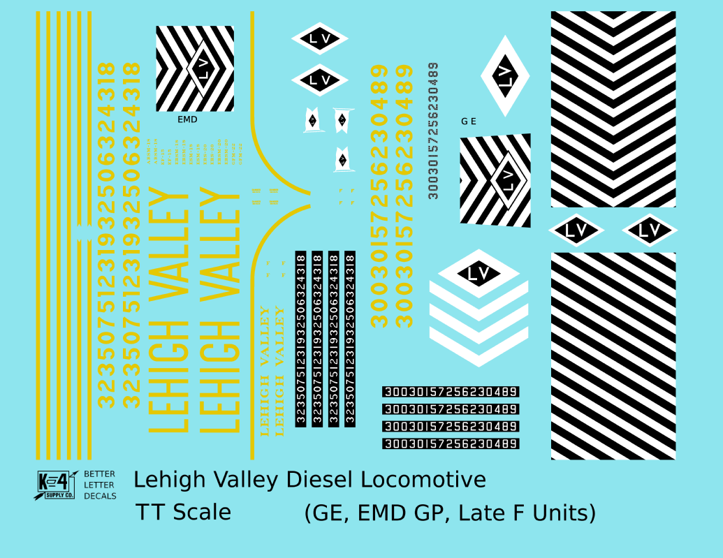 Lehigh Valley GE, EMD GP and F Diesel Locomotive Yellow Late Roman and Tall Letter Schemes