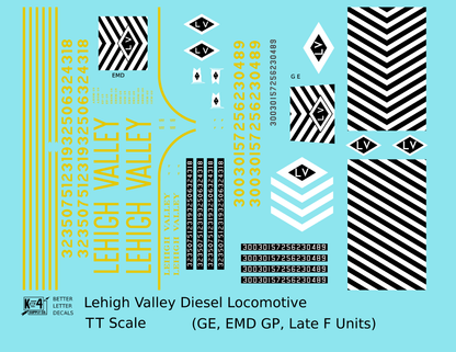 Lehigh Valley GE, EMD GP and F Diesel Locomotive Yellow Late Roman and Tall Letter Schemes
