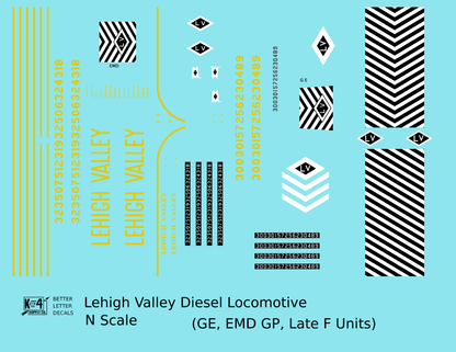 Lehigh Valley GE, EMD GP and F Diesel Locomotive Yellow Late Roman and Tall Letter Schemes