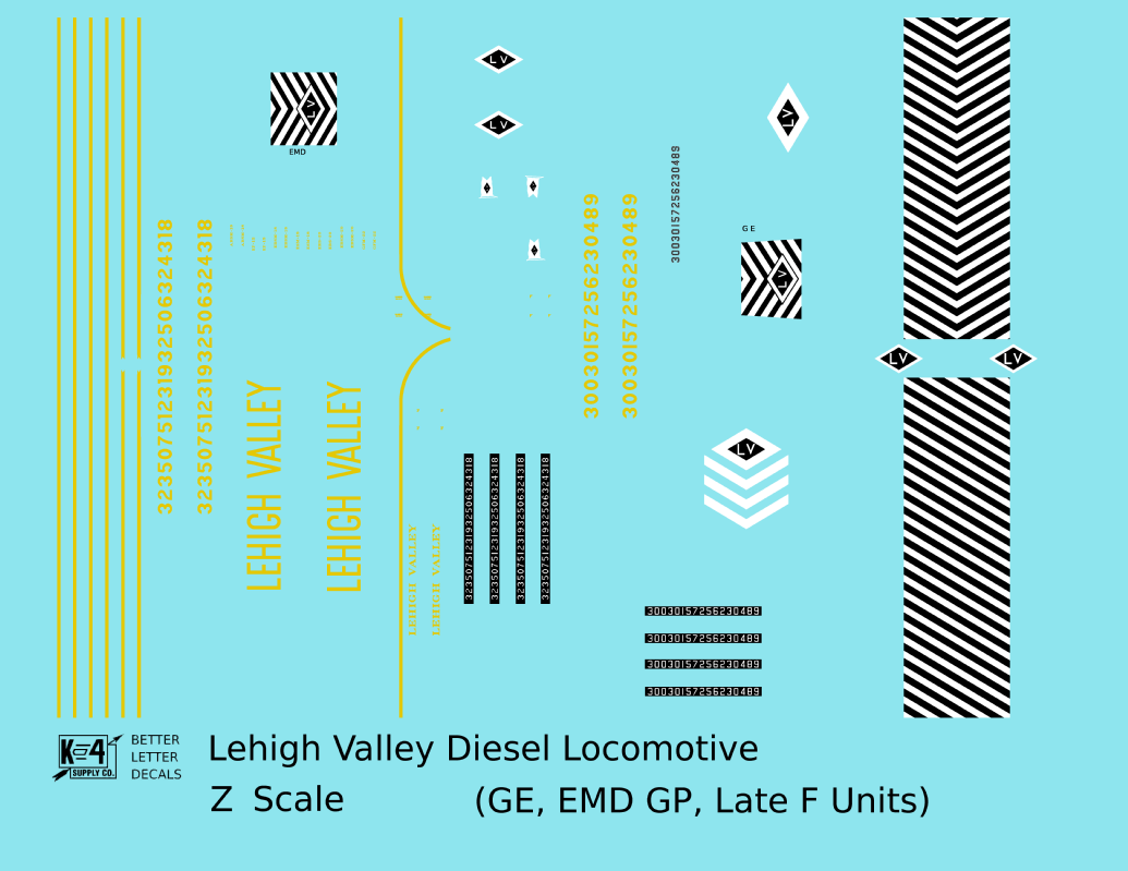 Lehigh Valley GE, EMD GP and F Diesel Locomotive Yellow Late Roman and Tall Letter Schemes