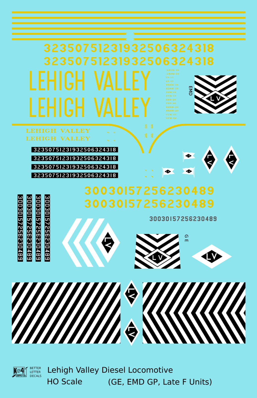 Lehigh Valley GE, EMD GP and F Diesel Locomotive Yellow Late Roman and Tall Letter Schemes