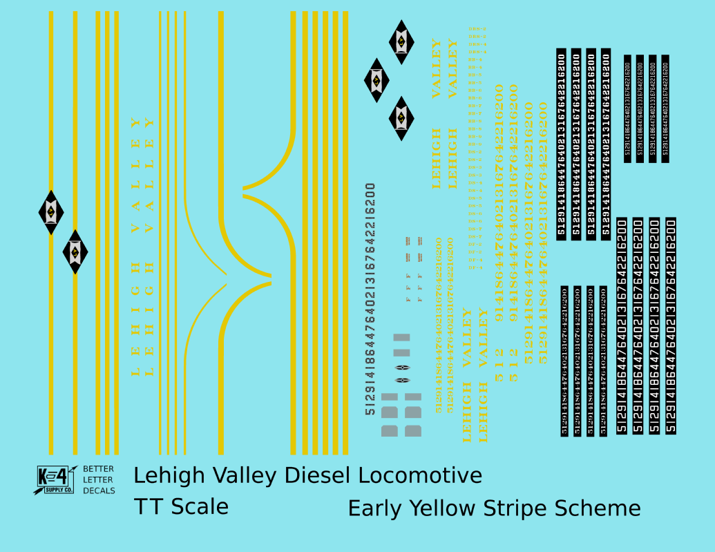 Lehigh Valley Diesel Locomotive Yellow Black Diamond Yellow Stripe Scheme - Decal - Choose Scale