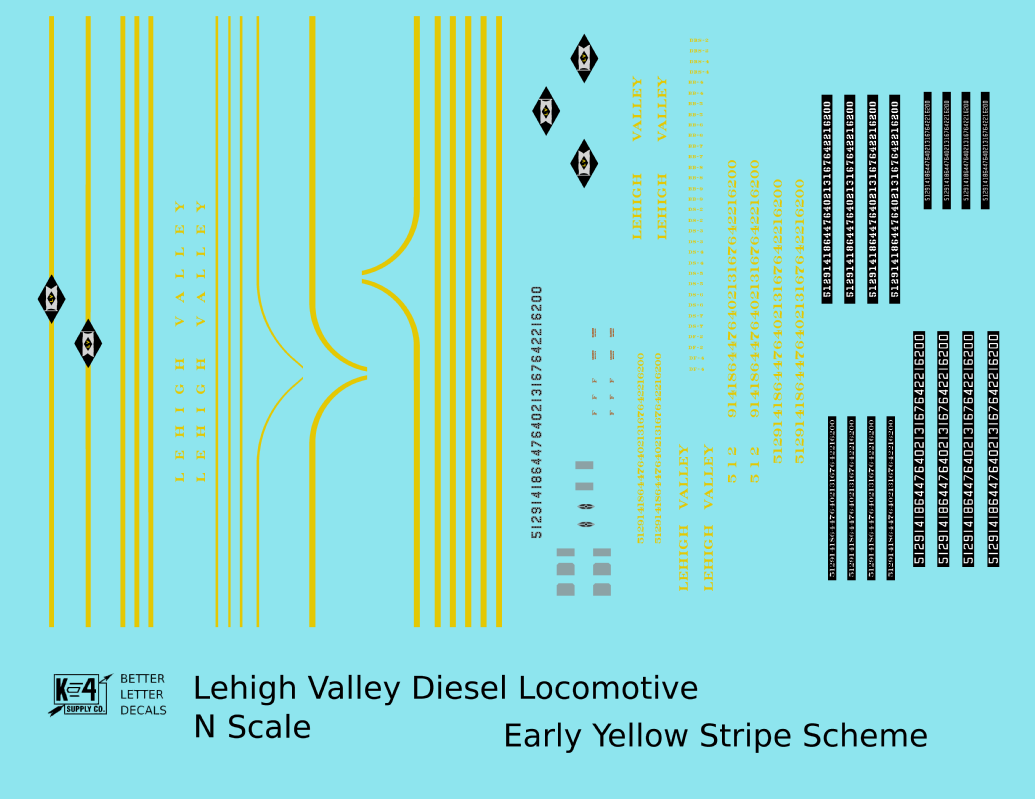 Lehigh Valley Diesel Locomotive Yellow Black Diamond Yellow Stripe Scheme - Decal - Choose Scale