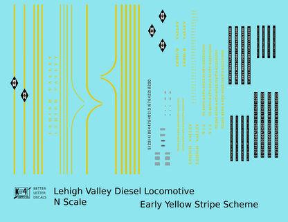 Lehigh Valley Diesel Locomotive Yellow Black Diamond Yellow Stripe Scheme - Decal - Choose Scale