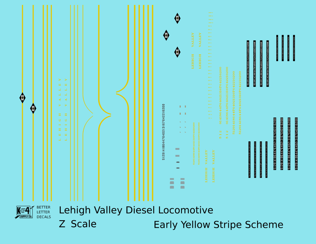 Lehigh Valley Diesel Locomotive Yellow Black Diamond Yellow Stripe Scheme - Decal - Choose Scale