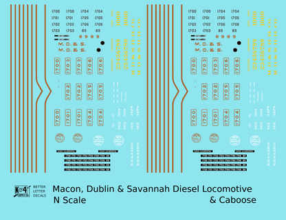 Macon, Dublin and Savannah Diesel Locomotive and Caboose Gold, Yellow and White