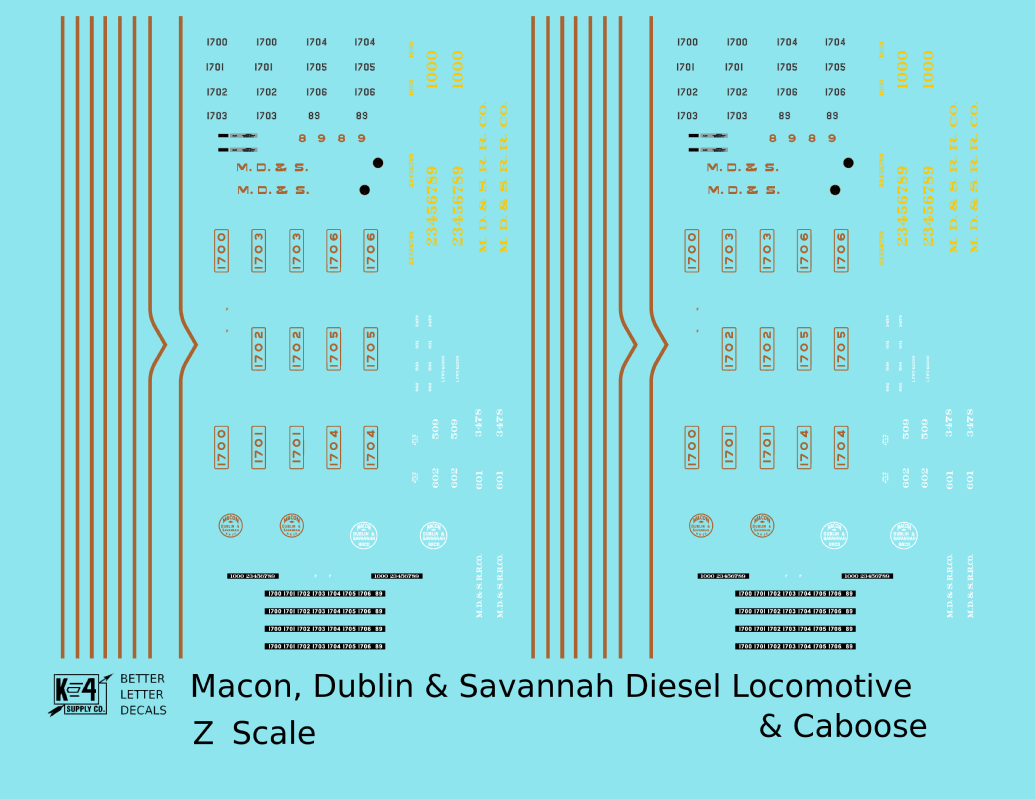 Macon, Dublin and Savannah Diesel Locomotive and Caboose Gold, Yellow and White