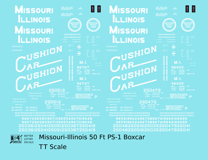 Missouri-Illinois 50 Ft PS1 Boxcar White Missouri Pacific Cushion Car - Decal - Choose Scale