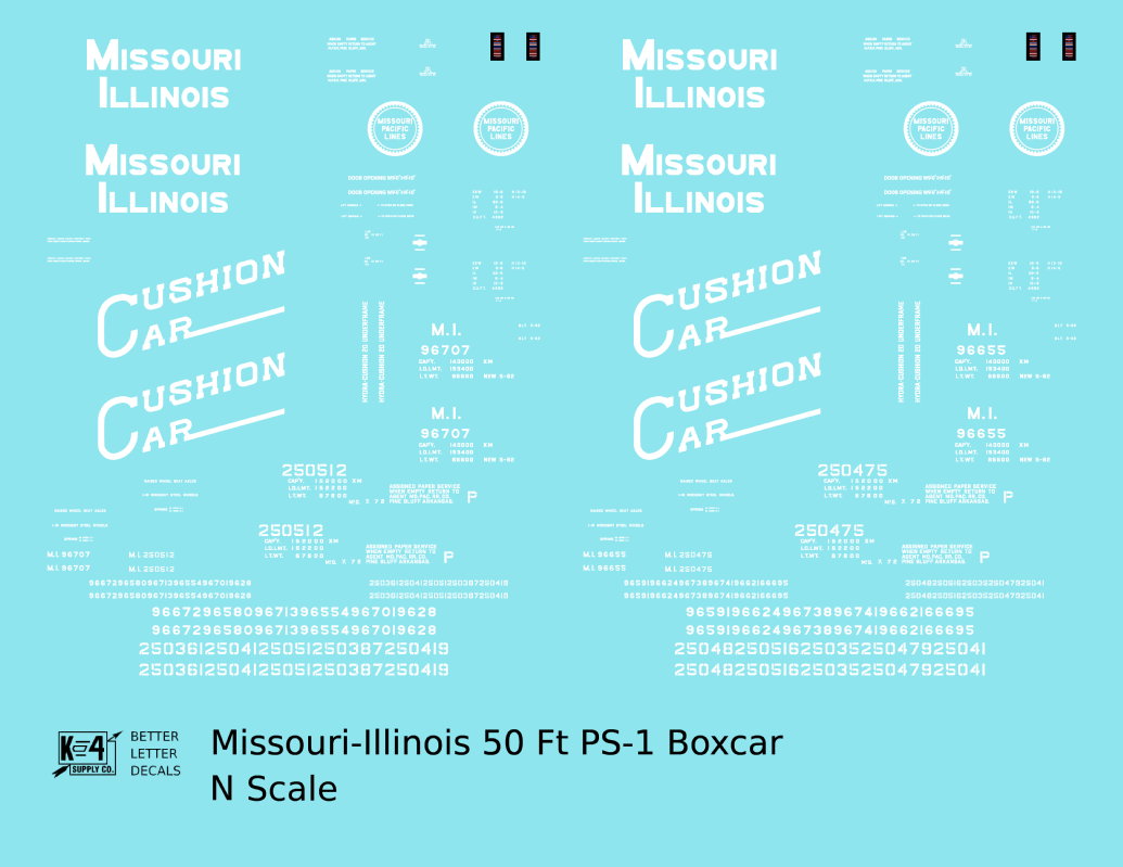 Missouri-Illinois 50 Ft PS1 Boxcar White Missouri Pacific Cushion Car - Decal - Choose Scale