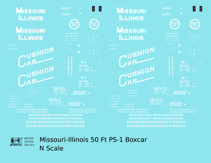 Missouri-Illinois 50 Ft PS1 Boxcar White Missouri Pacific Cushion Car - Decal - Choose Scale