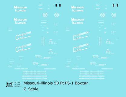 Missouri-Illinois 50 Ft PS1 Boxcar White Missouri Pacific Cushion Car - Decal - Choose Scale