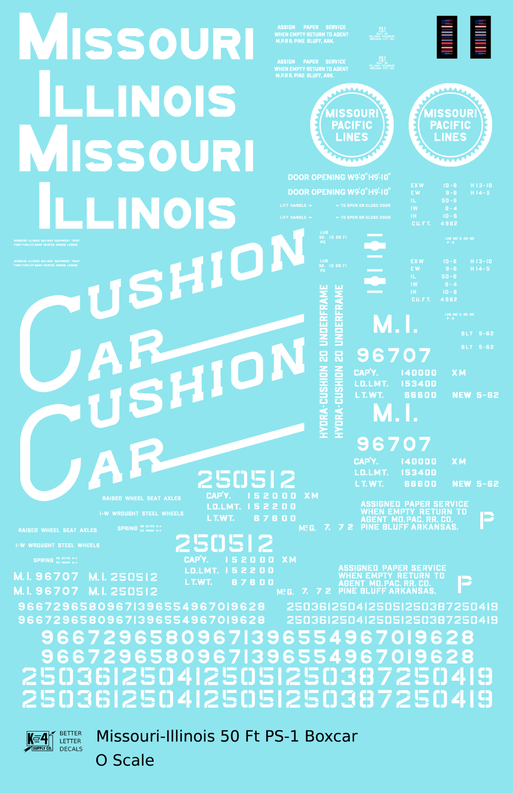 Missouri-Illinois 50 Ft PS1 Boxcar White Missouri Pacific Cushion Car - Decal Sheet