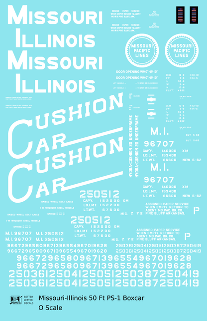 Missouri-Illinois 50 Ft PS1 Boxcar White Missouri Pacific Cushion Car - Decal Sheet