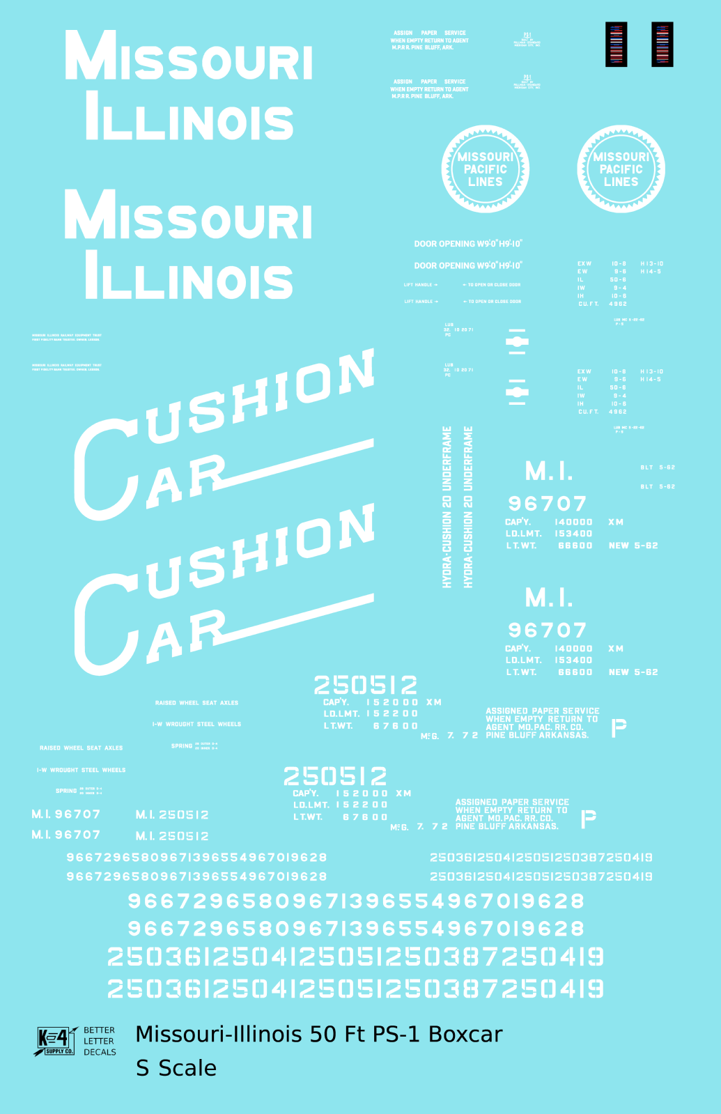 Missouri-Illinois 50 Ft PS1 Boxcar White Missouri Pacific Cushion Car - Decal - Choose Scale