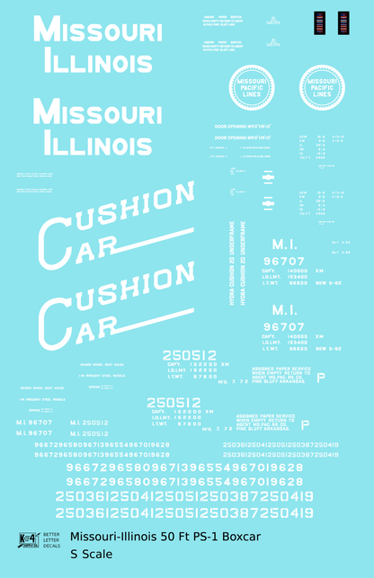 Missouri-Illinois 50 Ft PS1 Boxcar White Missouri Pacific Cushion Car - Decal - Choose Scale