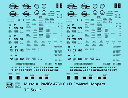 Missouri Pacific 4750 Cu Ft PS-2CD Covered Hopper Black  - Decal - Choose Scale
