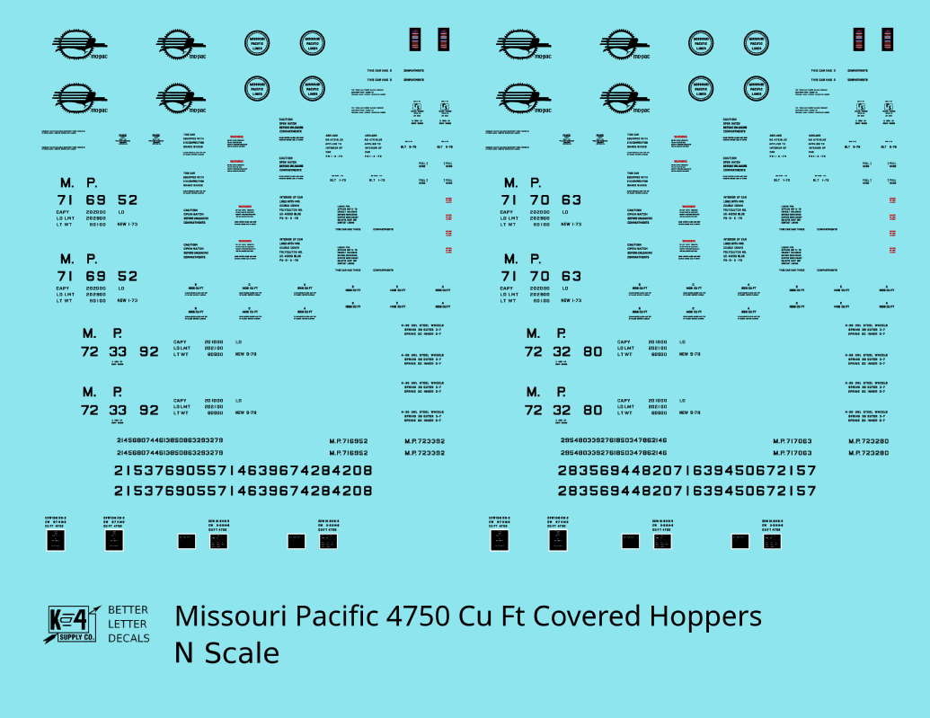 Missouri Pacific 4750 Cu Ft PS-2CD Covered Hopper Black  - Decal - Choose Scale