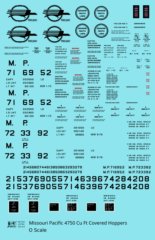 Missouri Pacific 4750 Cu Ft PS-2CD Covered Hopper Black  - Decal Sheet