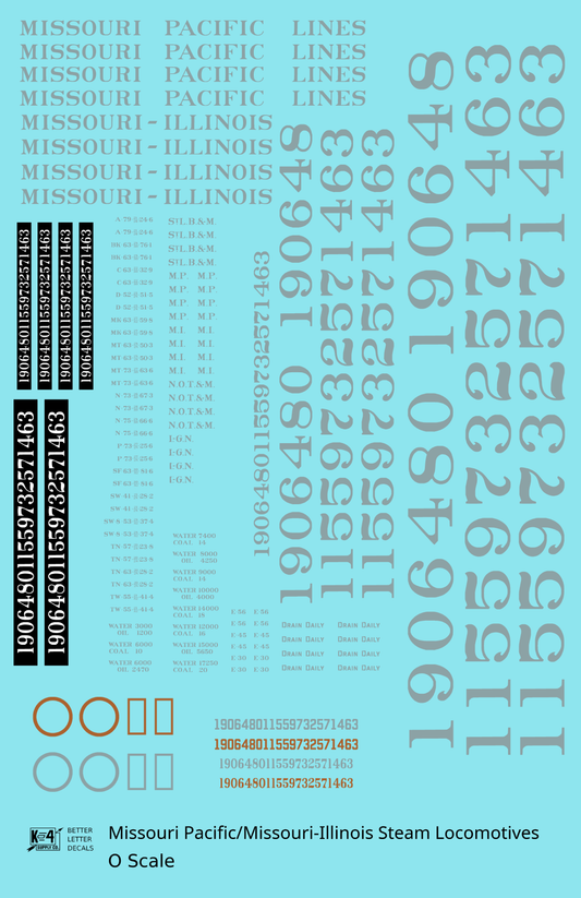 Missouri Pacific Missouri-Illinois Steam Locomotive Aluminum  - Decal Sheet