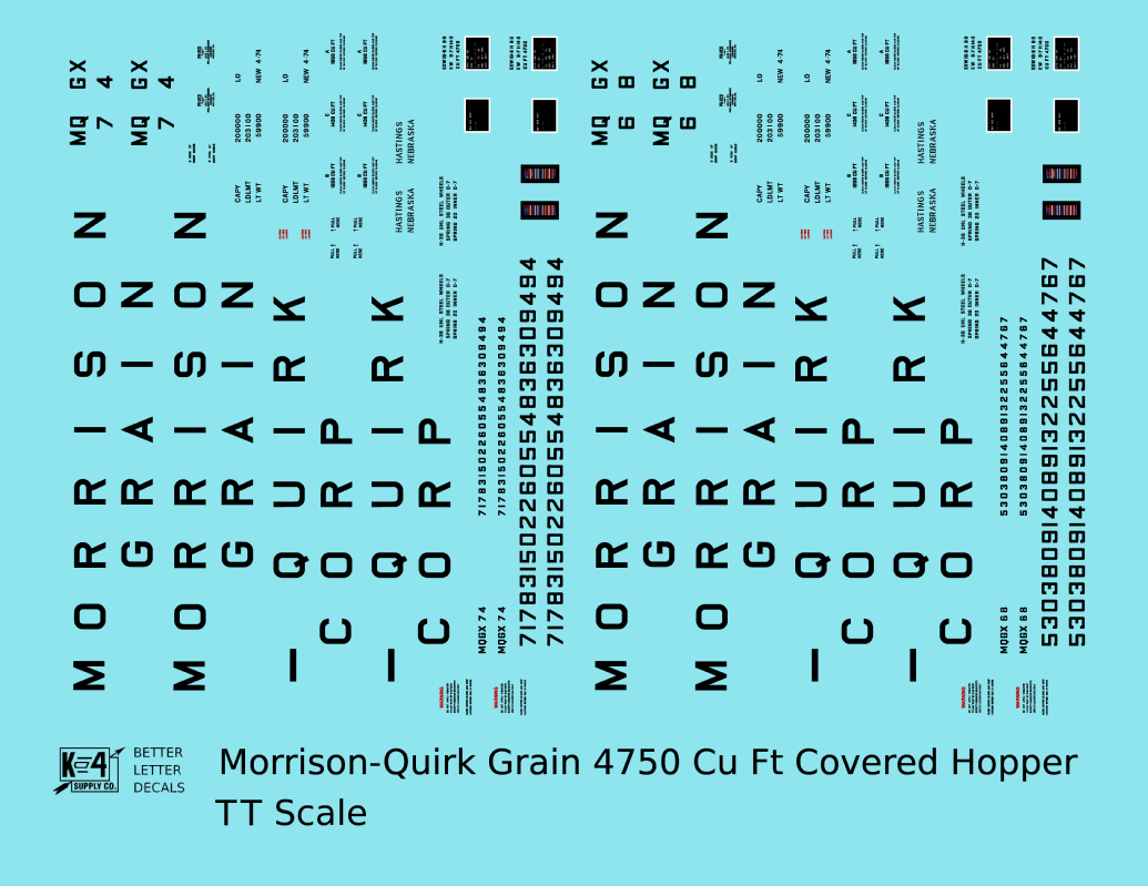 Morrison – Quirk Grain Corp 4750 Cu Ft PS-2CD Covered Hopper Black  - Decal - Choose Scale