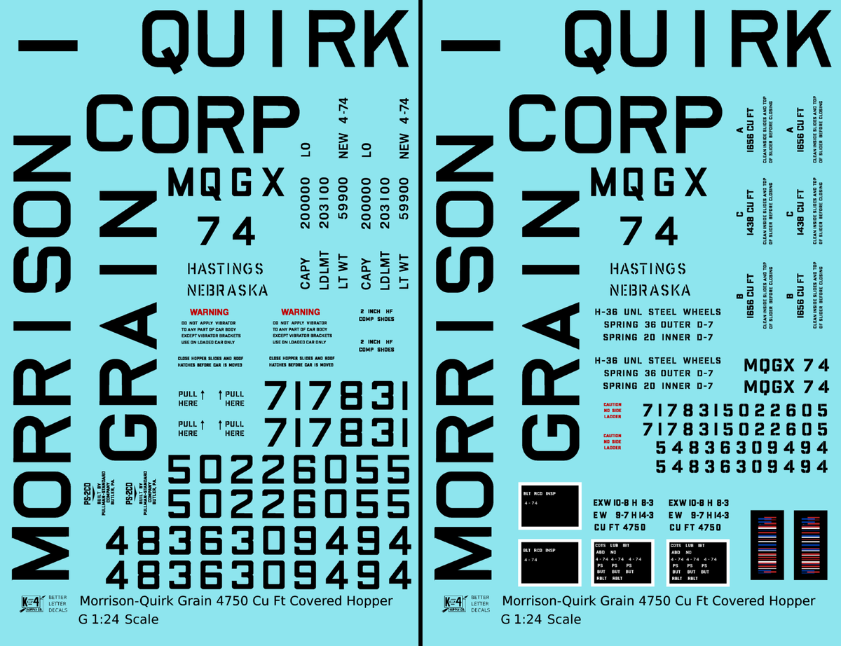 Morrison – Quirk Grain Corp 4750 Cu Ft PS-2CD Covered Hopper Black  - Decal - Choose Scale