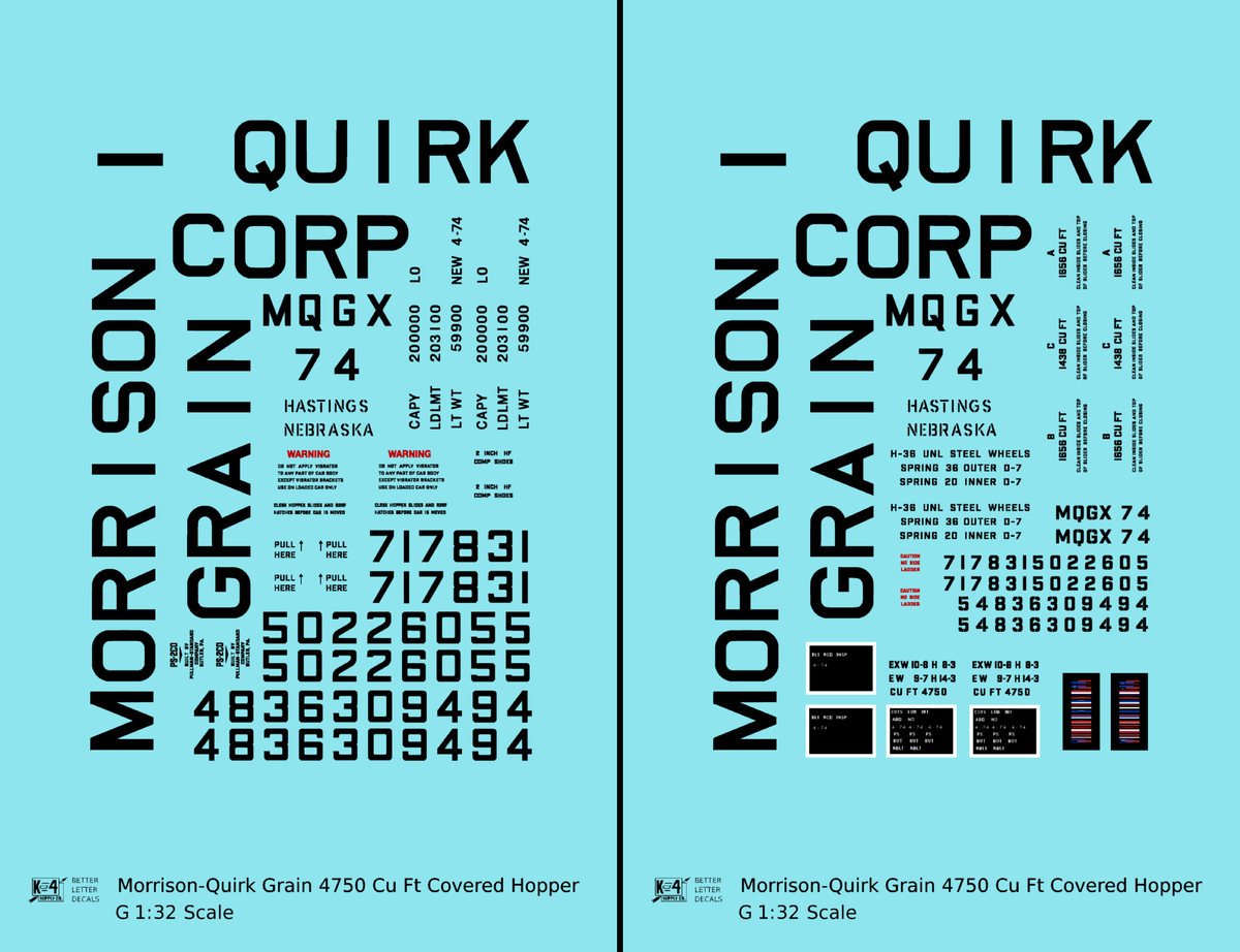 Morrison – Quirk Grain Corp 4750 Cu Ft PS-2CD Covered Hopper Black  - Decal - Choose Scale