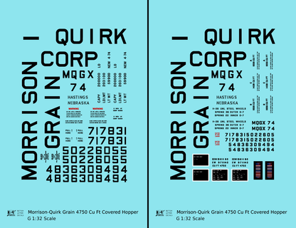 Morrison – Quirk Grain Corp 4750 Cu Ft PS-2CD Covered Hopper Black  - Decal - Choose Scale