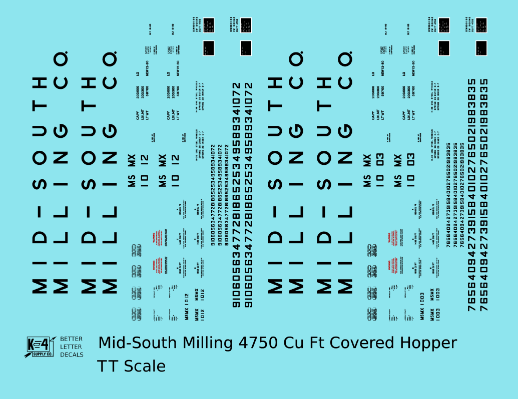 Mid-South Milling Co. 4750 Cu Ft PS-2CD Covered Hopper Black  - Decal - Choose Scale